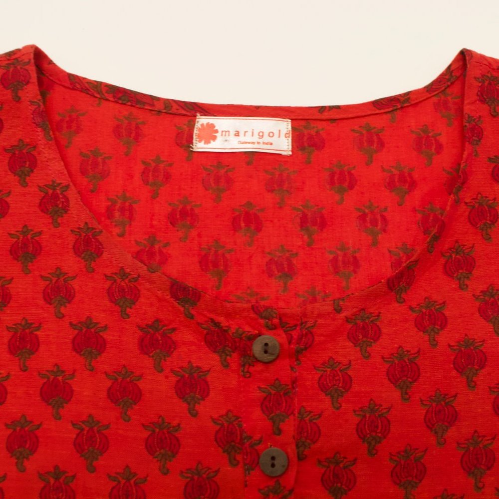 Marigold red block print paisley boho kurta top Small